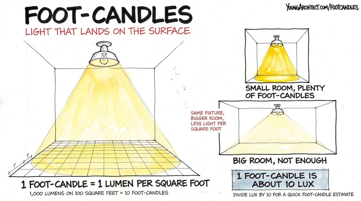 Foot candles diagram showing one lumen per square foot with a small room getting plenty of light and a big room getting less per square foot