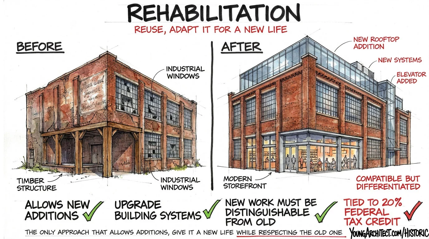 Adaptive reuse rehabilitation converts a warehouse into mixed use with a modern rooftop addition and upgraded systems
