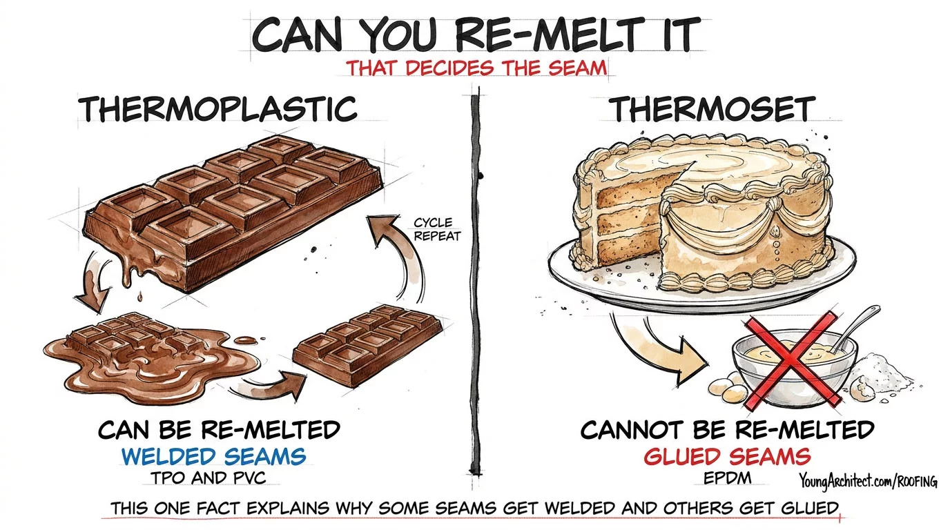 Chocolate re-melts to explain thermoplastic welded seams while a baked cake shows thermoset EPDM glued seams