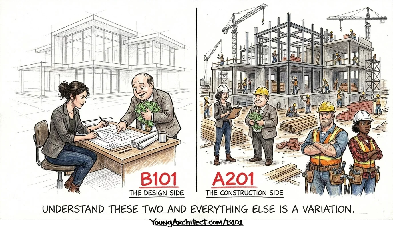 AIA B101 and A201 shown as two halves of a foundation with design side and construction side
