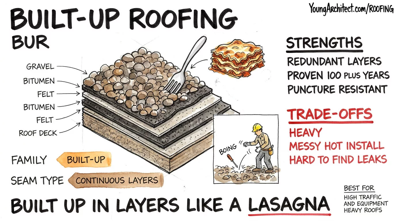 Built-up roofing cross-section stacks gravel, bitumen, and felt layers as a screwdriver bounces off the gravel