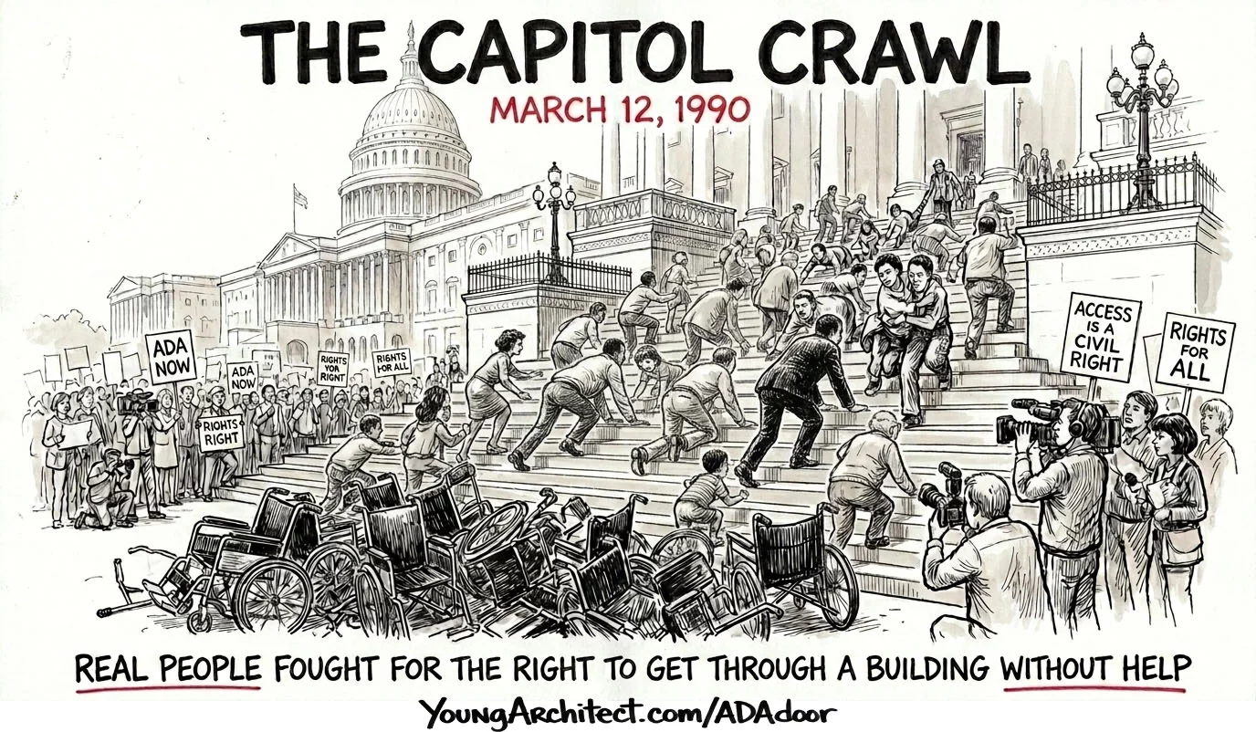 The Capitol Crawl on March 12 1990 showing disability rights activists pulling themselves up the US Capitol steps