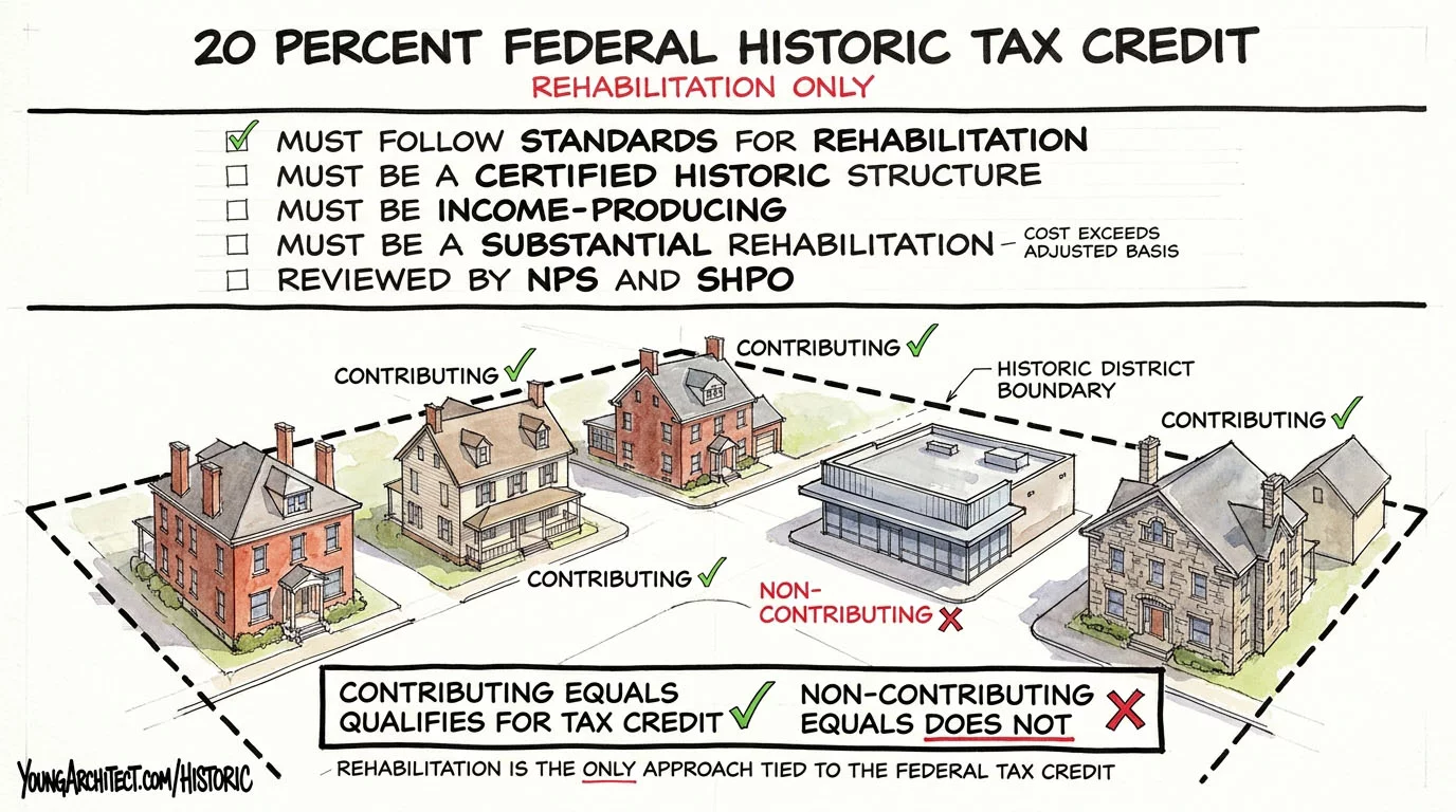 Historic tax credit requirements and a historic district showing contributing and non-contributing structures