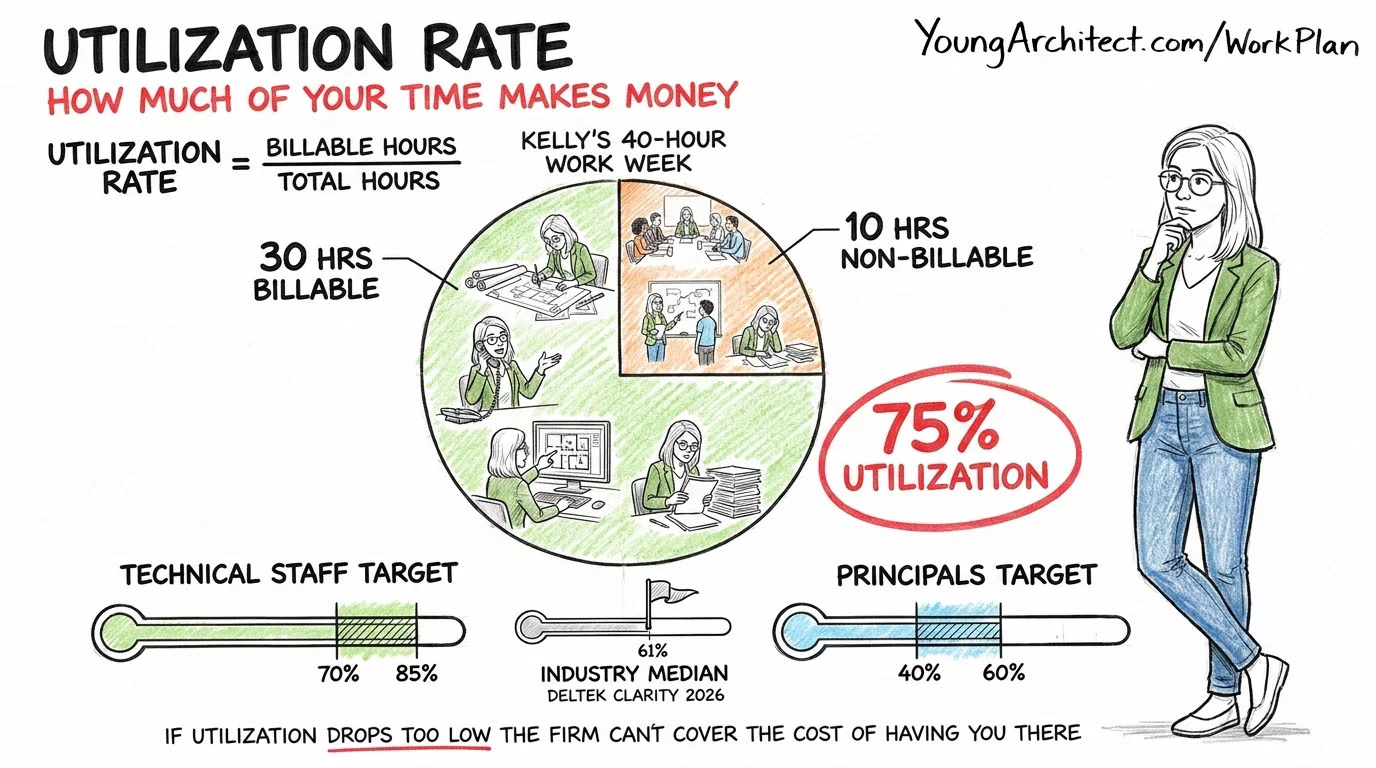 Utilization rate formula showing 30 billable hours out of 40 total hours equals 75 percent with target ranges for staff and principals
