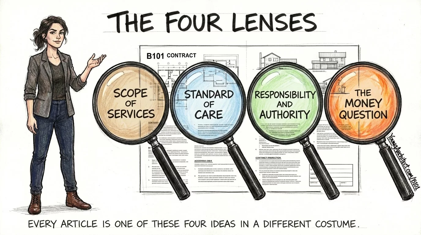 AIA B101 four lenses framework showing scope of services standard of care responsibility and authority and the money question
