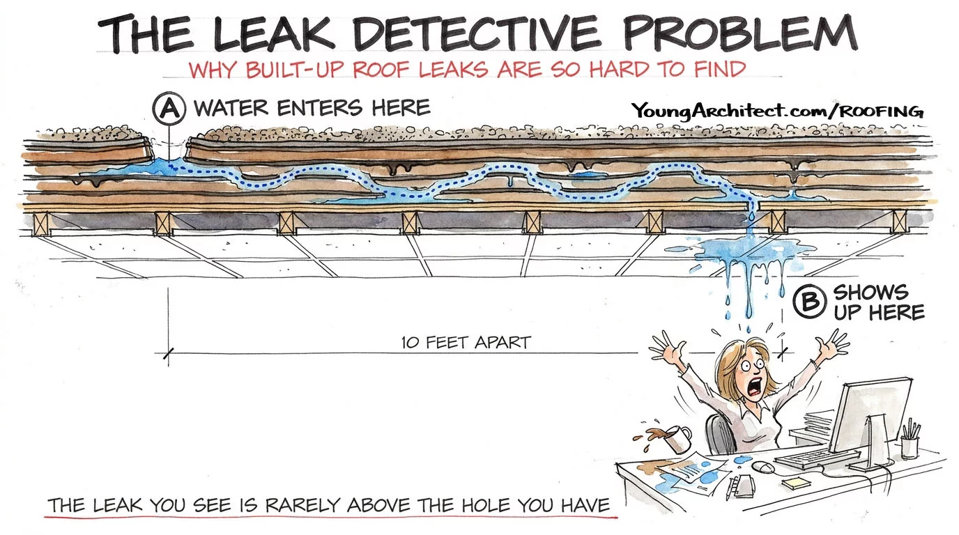 Water enters a built-up roof at one point, travels sideways between plies, and drips into the office far from the hole