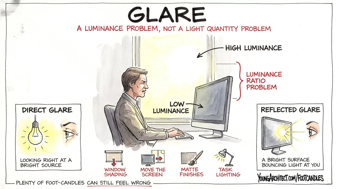 Office glare scenario showing high luminance from a window behind a computer screen creating a luminance ratio problem with design solutions