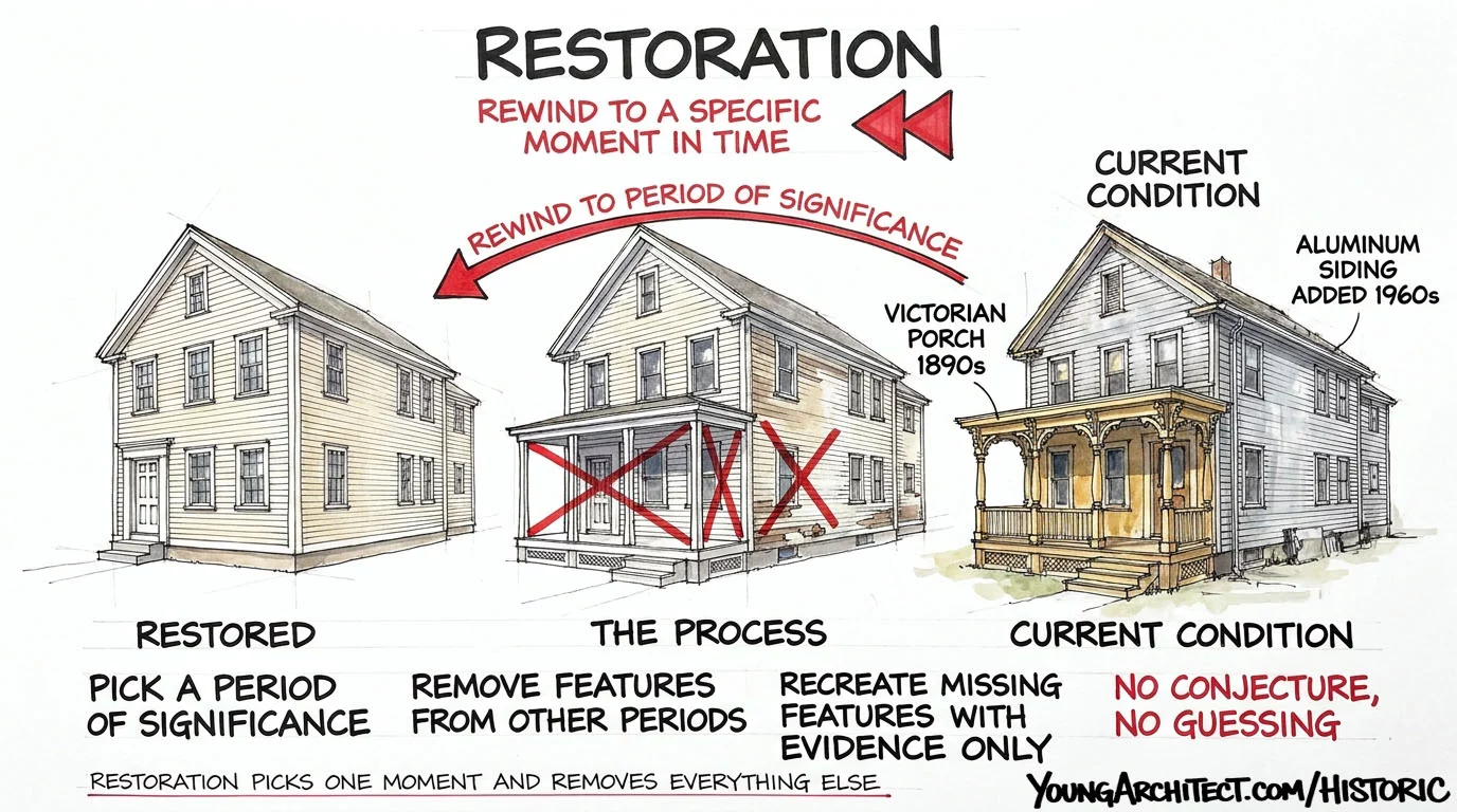 Historic restoration rewinds a building to its period of significance by removing later additions like a porch and siding
