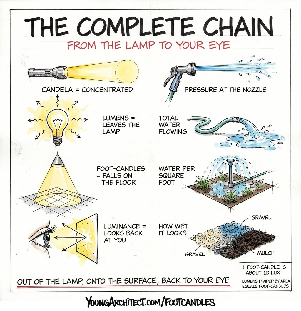 The complete lighting chain showing candela lumens foot candles and luminance with garden hose analogy and quick conversions