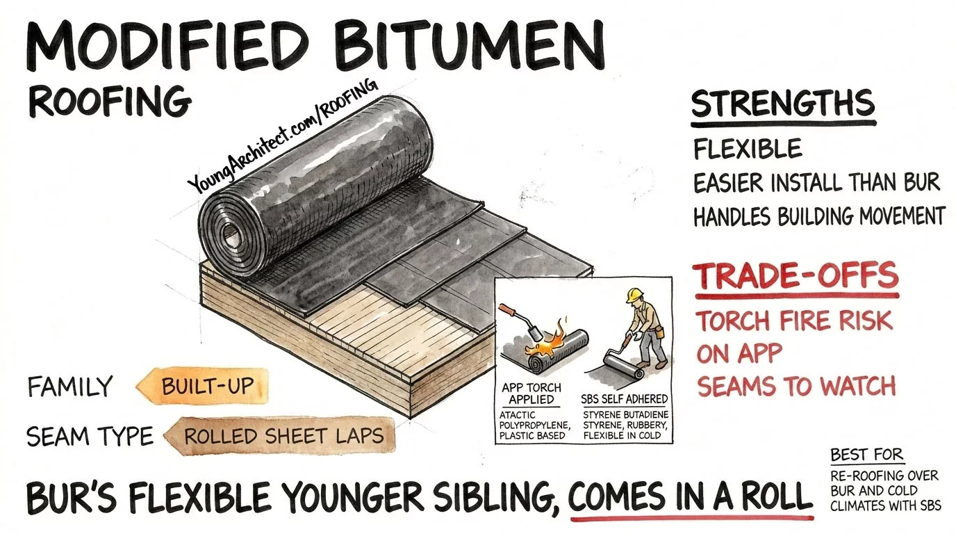 Modified bitumen roofing unrolls across a deck with a callout comparing torch-applied APP and self-adhered SBS