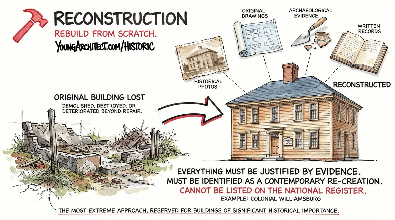 Reconstruction rebuilds a lost building from scratch using historical photos, drawings, and archaeological evidence