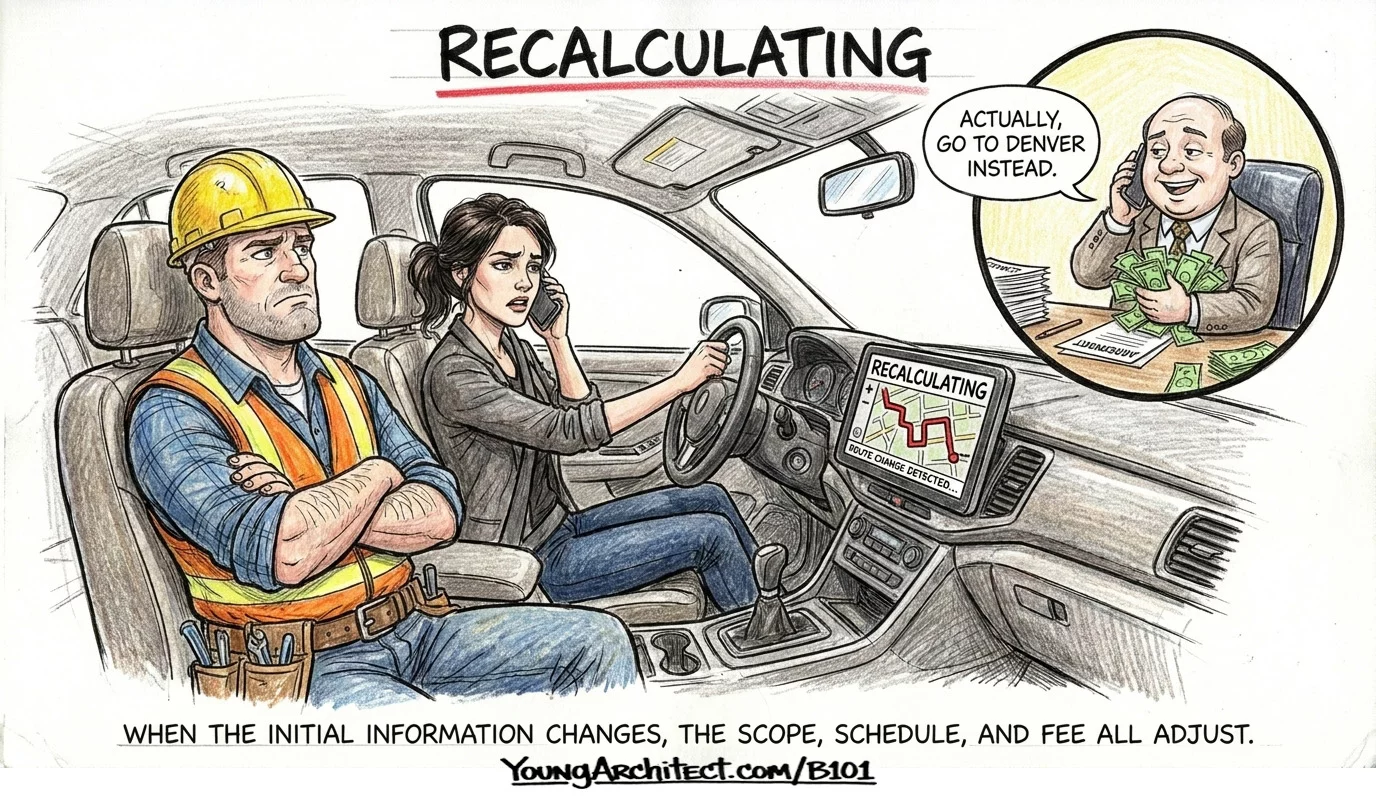 B101 initial information GPS recalculating analogy showing architect driving while owner changes the destination
