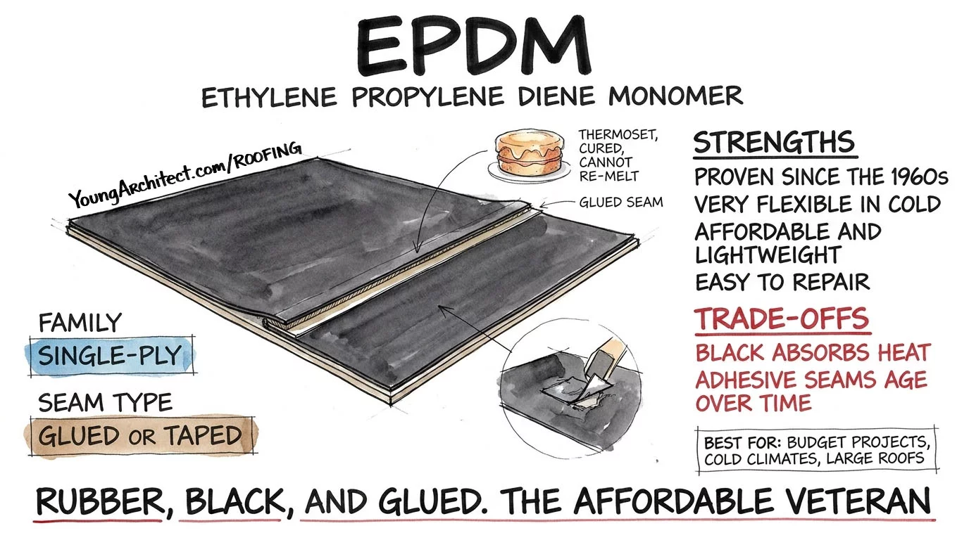 EPDM rubber roof membrane shown black with a glued seam and a baked cake icon marking it as a cured thermoset