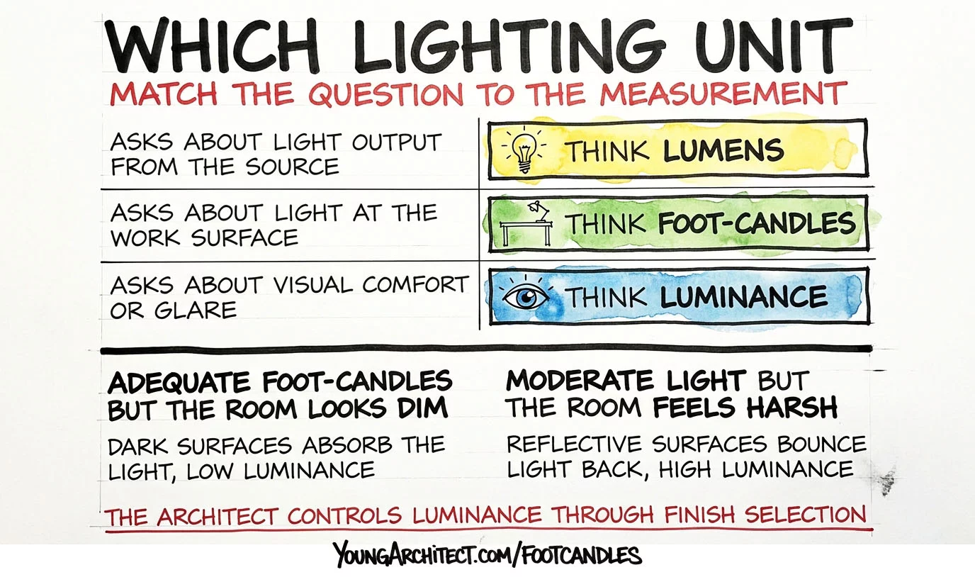 Lighting scenario breakdown matching lumens to light output questions, foot candles to surface questions, and luminance to glare and comfort questions