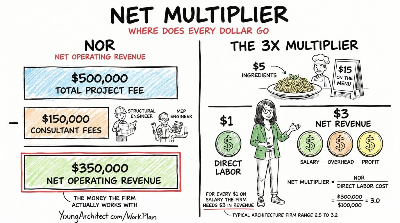Net multiplier and net operating revenue diagram showing how a 500,000 fee becomes 350,000 NOR after subtracting consultant fees