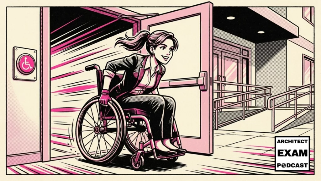 Woman navigates ADA door clearance in a wheelchair