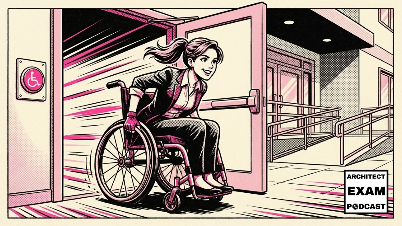 Woman navigates ADA door clearance in a wheelchair