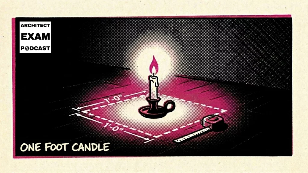 Candle illuminating one square foot of surface with dimension lines showing the foot candle measurement