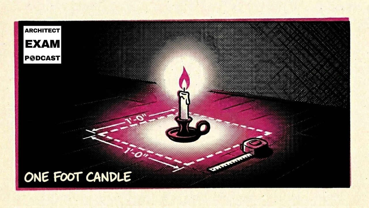 Candle illuminating one square foot of surface with dimension lines showing the foot candle measurement