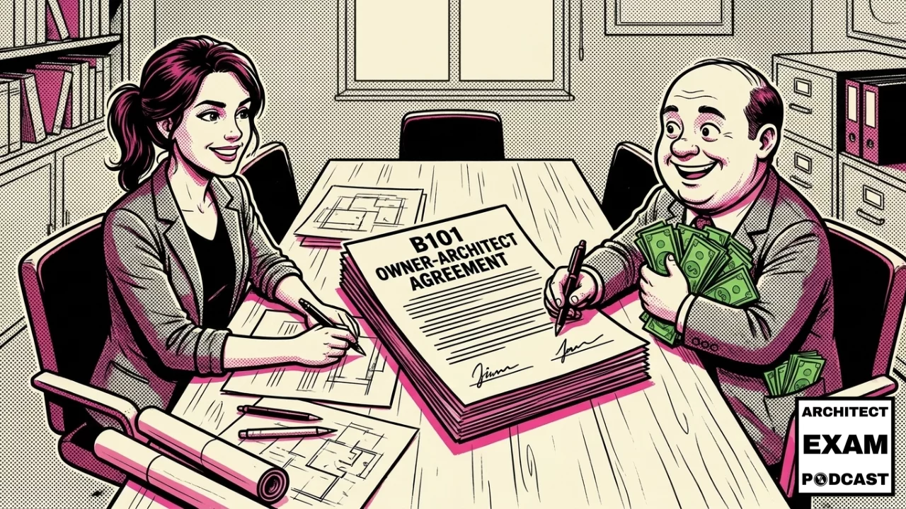 Architect and owner sign the AIA B101 owner-architect agreement at a conference table