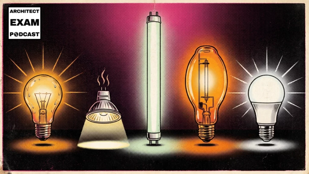 Five types of light bulbs compared showing incandescent, halogen, fluorescent, HID, and LED with different color temperatures and glow