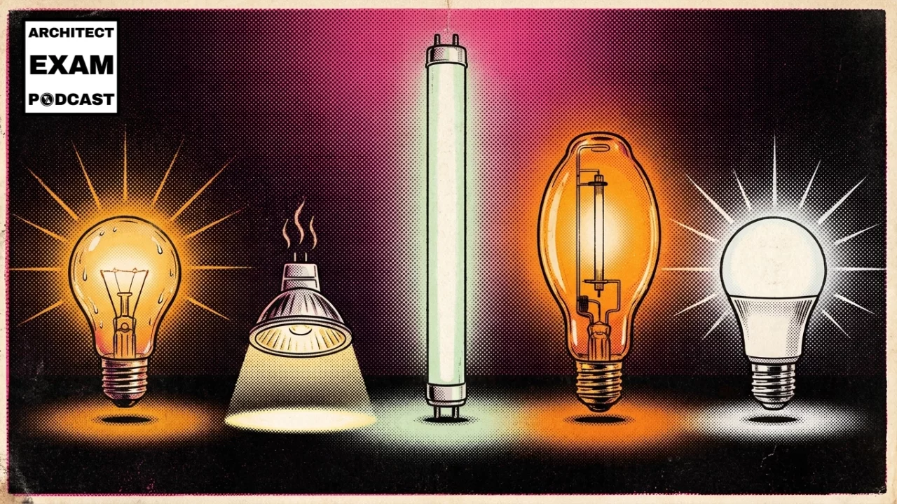 Five types of light bulbs compared showing incandescent, halogen, fluorescent, HID, and LED with different color temperatures and glow