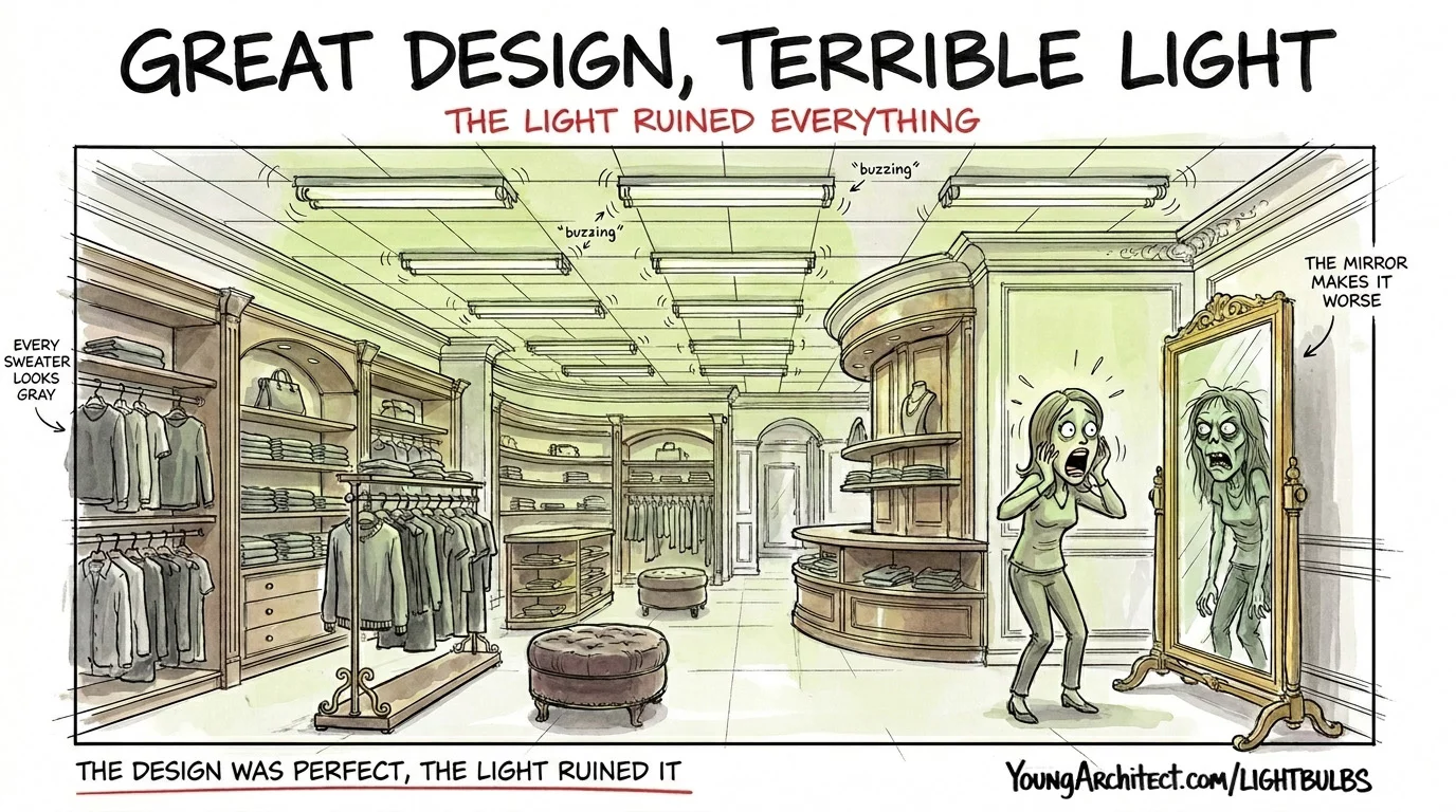 Clothing store with great design ruined by low CRI fluorescent lighting making sweaters gray and skin tones sickly green