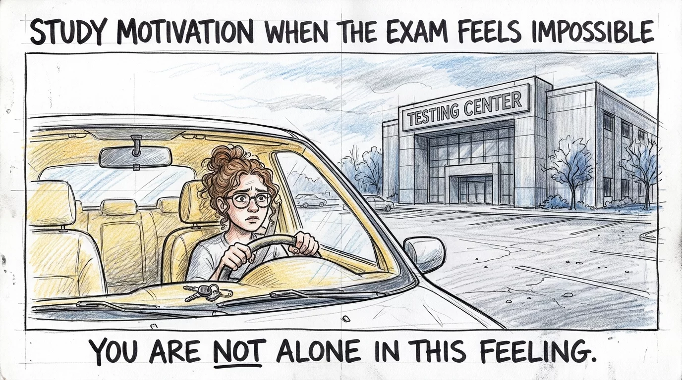 Candidate sitting in car outside testing center deciding whether to go inside or drive home