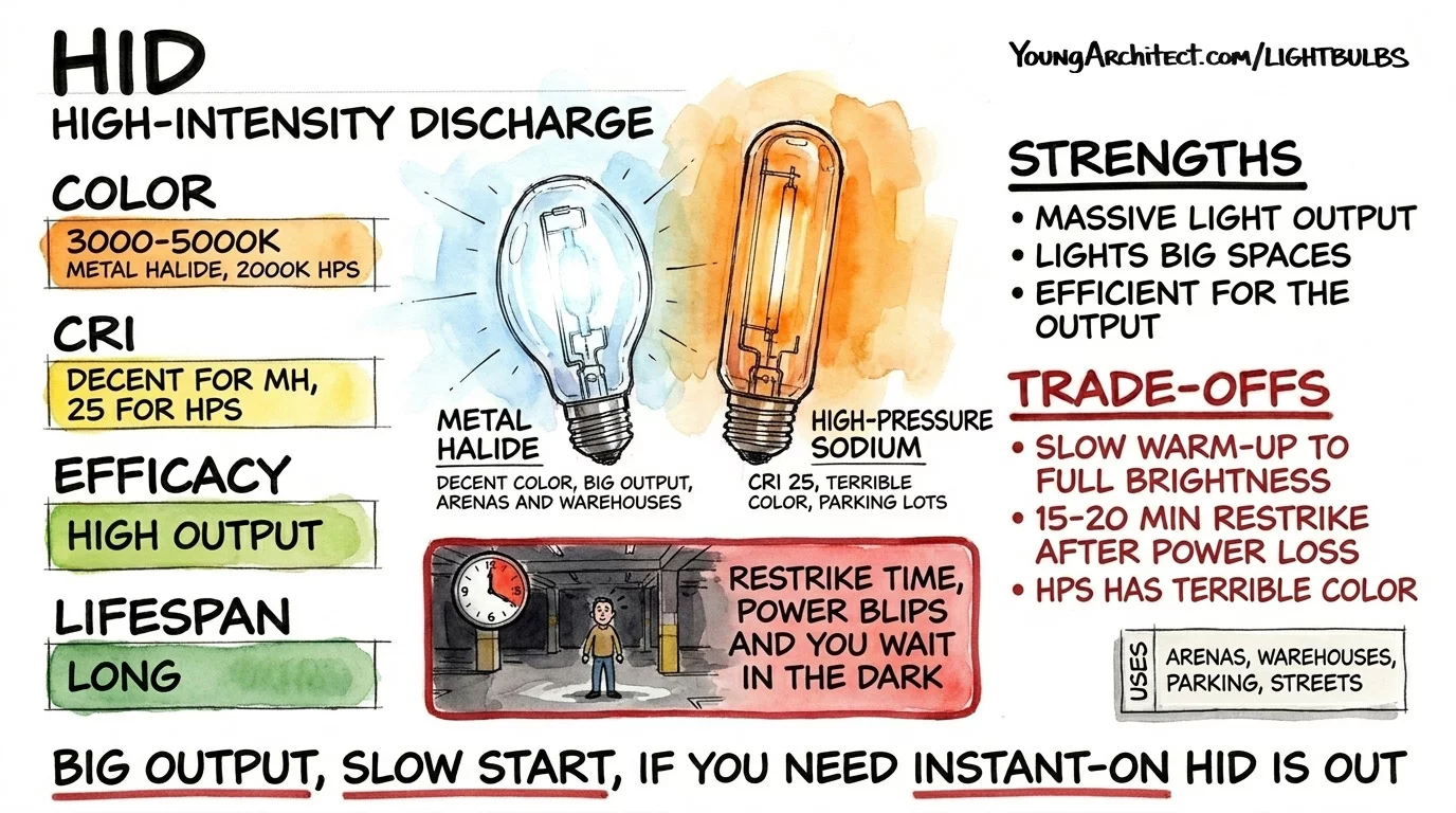 HID lamp card comparing metal halide with decent CRI to high pressure sodium with CRI 25 and showing 15 to 20 minute restrike time