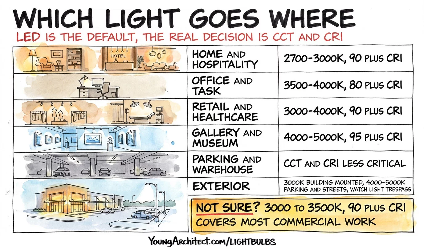 Lighting selection cheat sheet matching applications to recommended color temperature and CRI with default spec of 3000 to 3500K 90 CRI