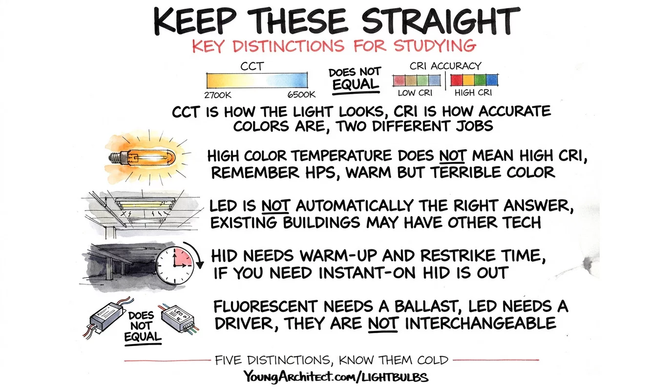 Study card listing key lamp type distinctions including CCT vs CRI, HID restrike limitation, and ballast vs driver difference