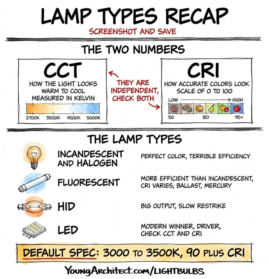 Recap card showing CCT and CRI as independent metrics with all five lamp types summarized and default spec of 3000 to 3500K 90 CRI