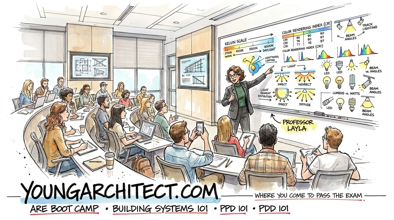 Young Architect Academy study space with lighting diagrams and course references for Building Systems 101 and ARE Boot Camp