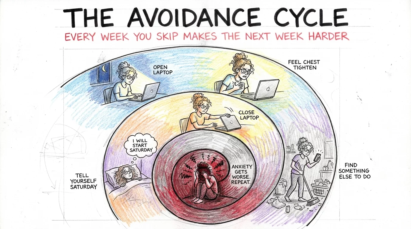 Spiral diagram showing study avoidance cycle from opening laptop to closing it and repeating
