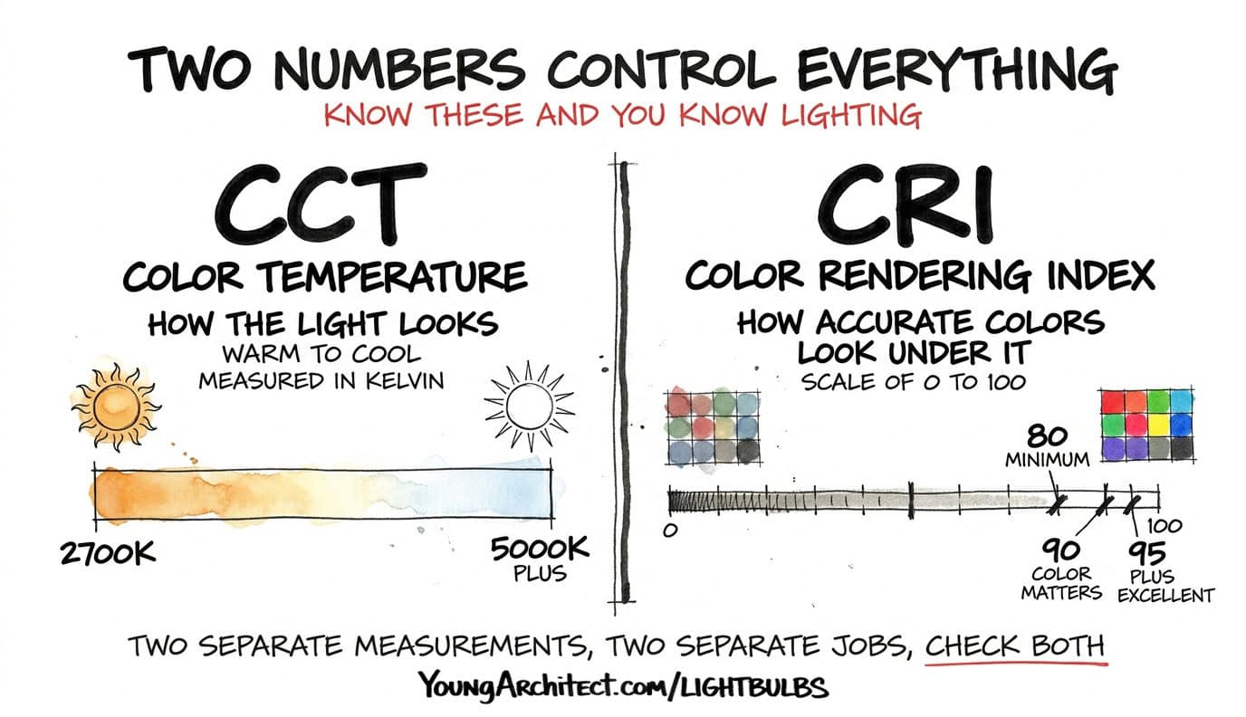 Color temperature CCT measured in Kelvin compared to color rendering index CRI measured on a 0 to 100 accuracy scale