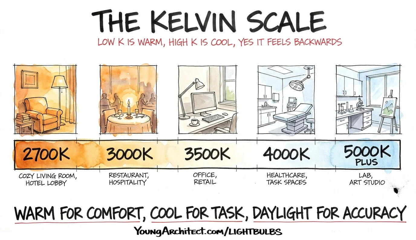 Kelvin color temperature scale from 2700K warm to 5000K daylight with space types mapped from residential to laboratory