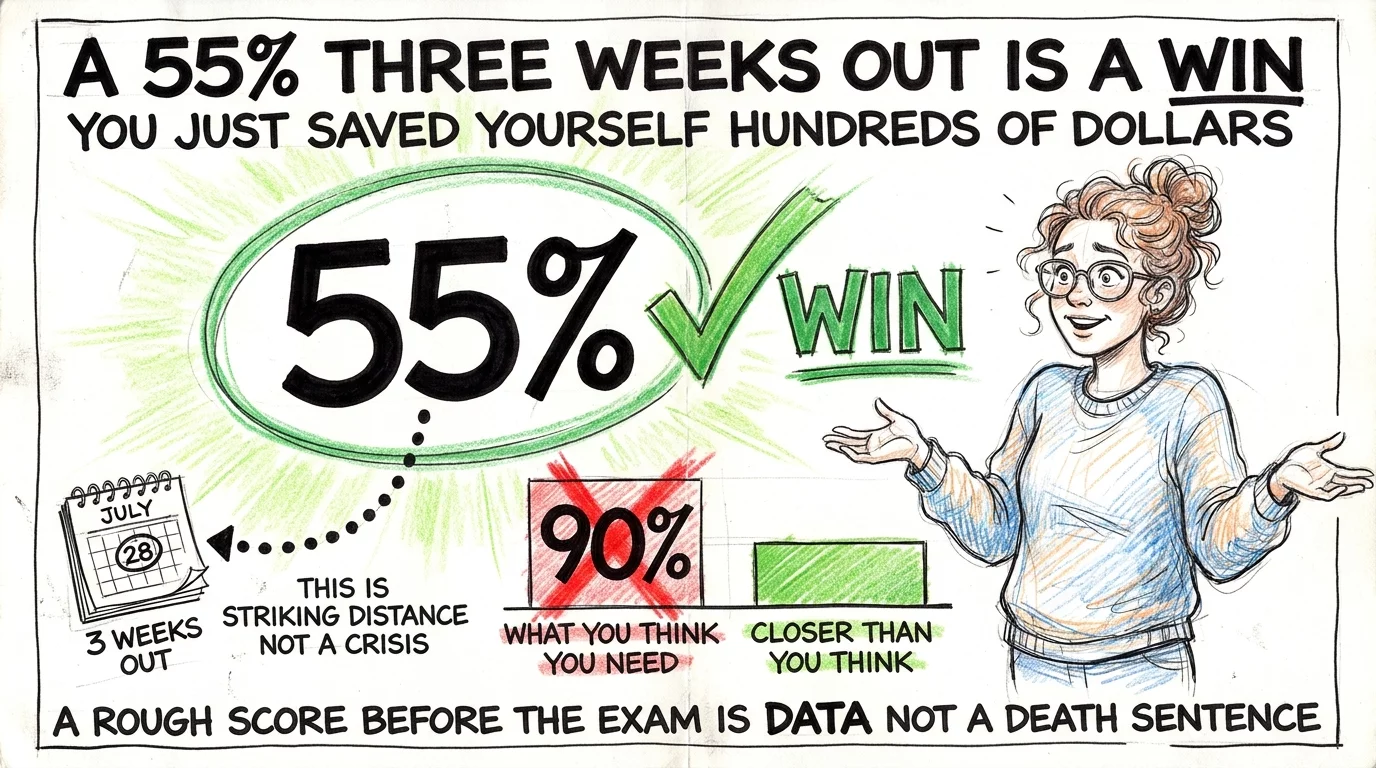 A 55 percent practice score shown as a win with the 90 percent expectation crossed out