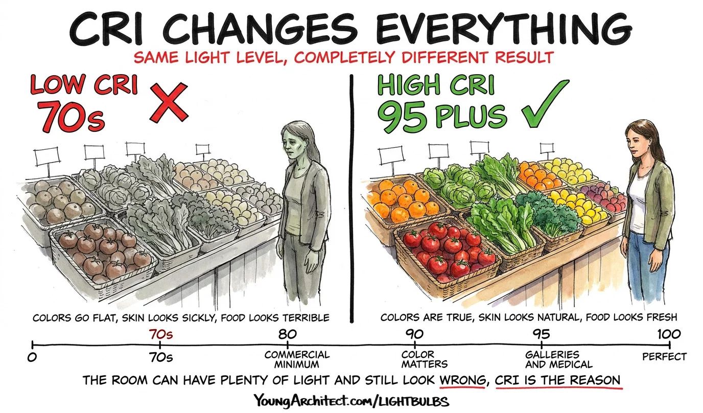 Produce stand under low CRI 70s showing flat washed out colors compared to high CRI 95 showing vibrant natural colors