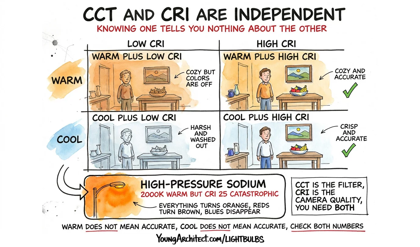 Four quadrant grid showing CCT and CRI are independent with high pressure sodium as proof warm temperature can have terrible CRI