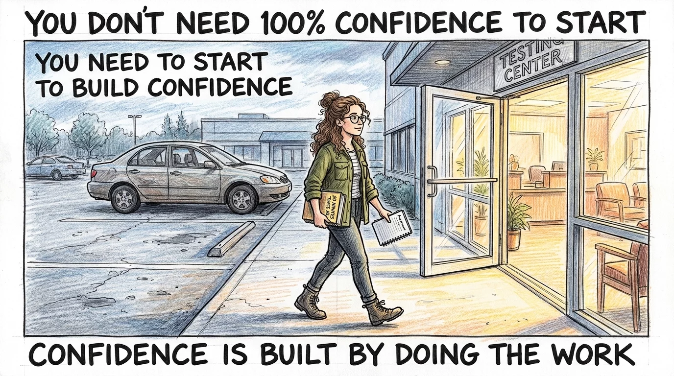 Candidate walking confidently into testing center with one book after leaving her car behind