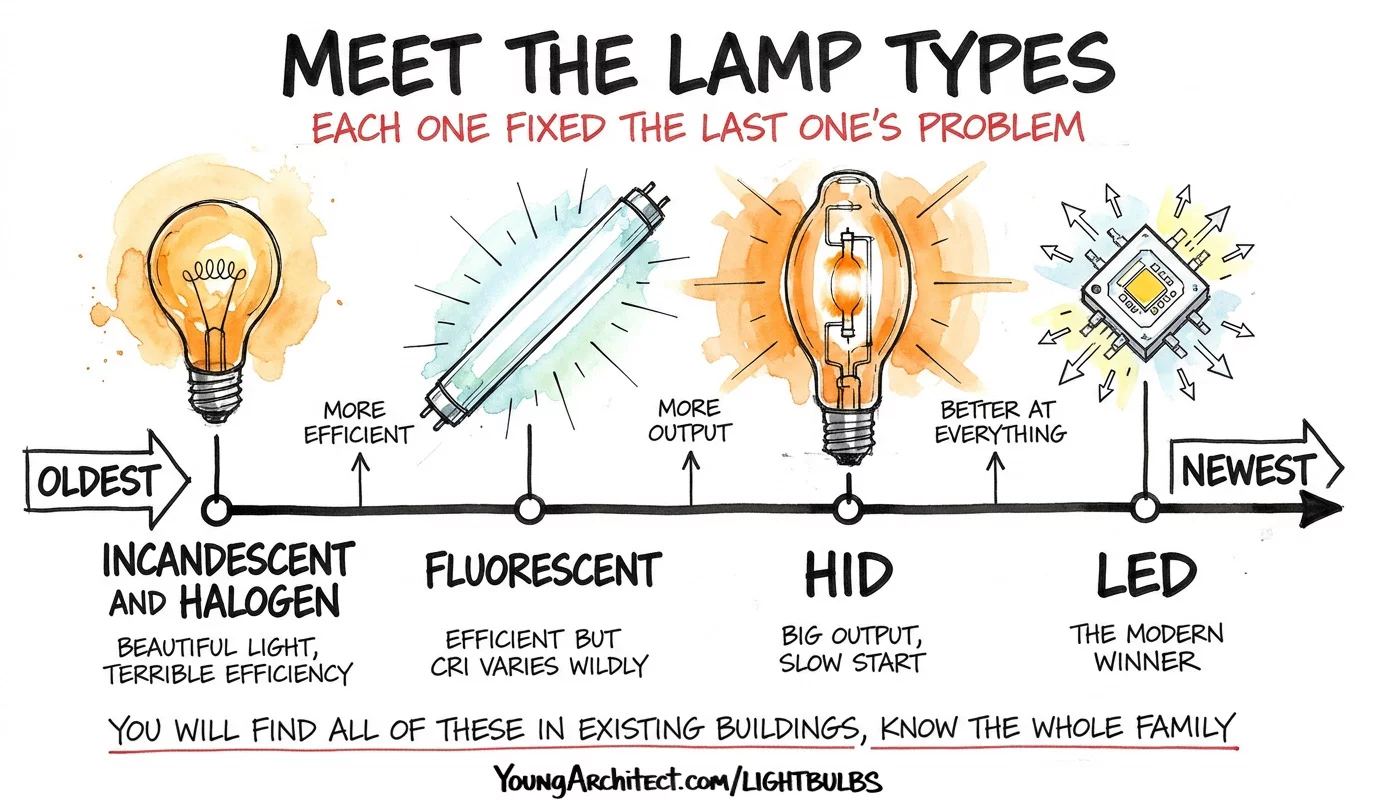 Timeline of light bulb types from incandescent and halogen through fluorescent and HID to LED showing each solved the last one's problem