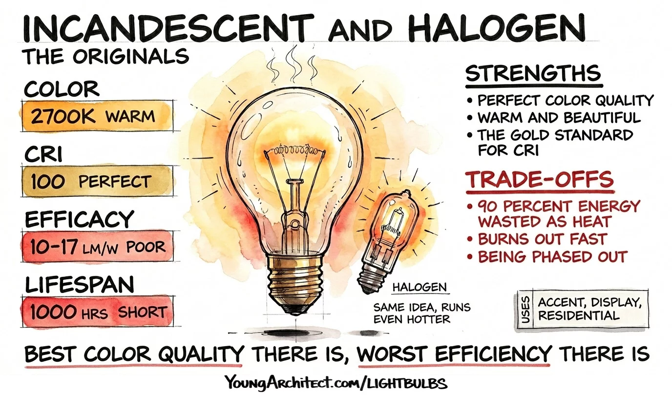 Incandescent and halogen lamp card showing 2700K color, perfect 100 CRI, 10 to 17 lumens per watt efficacy, and 1000 hour lifespan