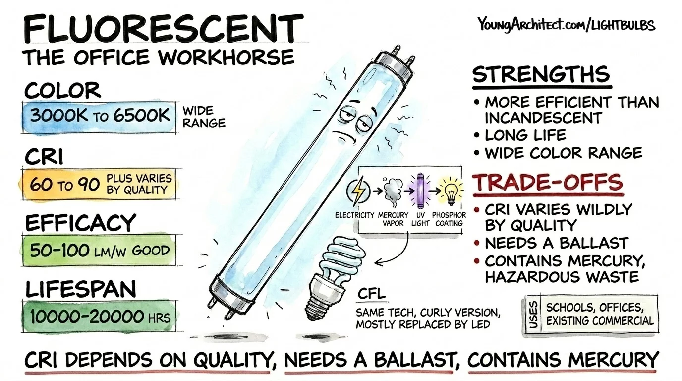 Fluorescent lamp card showing CRI varies from 60 to 90 by quality, requires a ballast, and contains mercury as hazardous waste