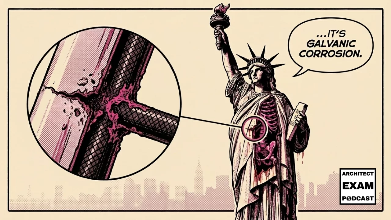 Statue of Liberty with corroding iron armature exposed, comic style callout saying it's galvanic corrosion