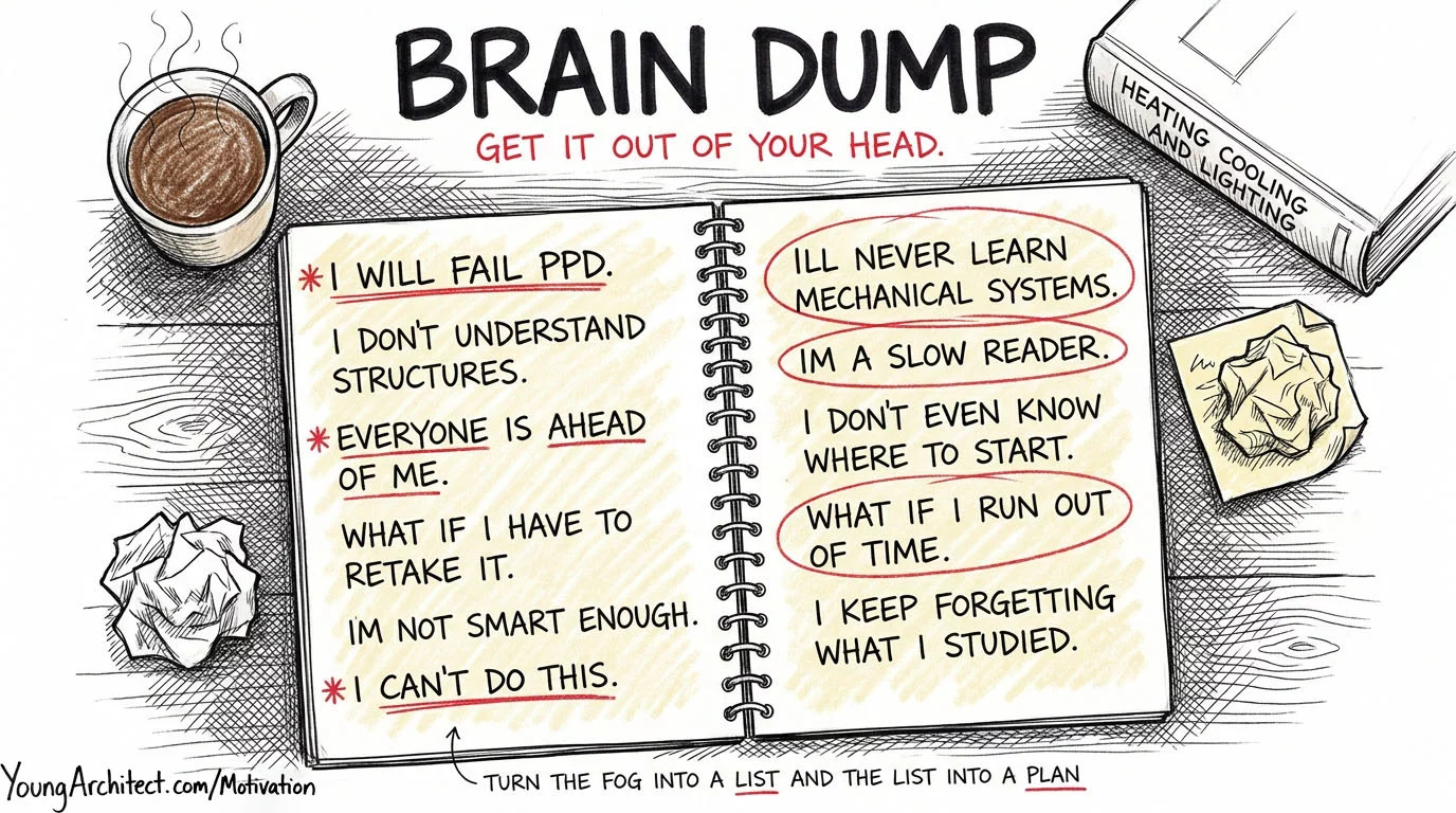 Notebook on desk filled with handwritten exam fears like I will fail PPD and I can't do this