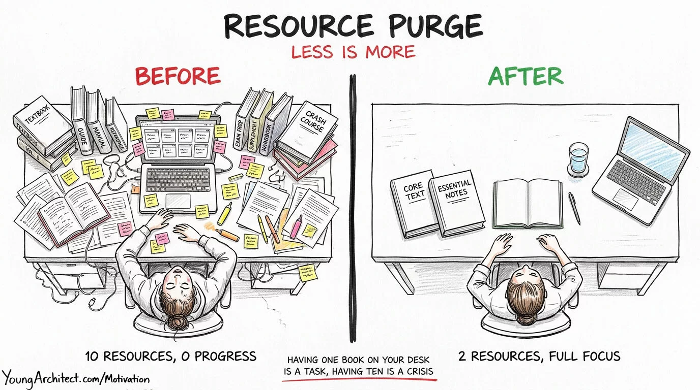 Before and after desk showing ten scattered resources versus two focused books with full focus