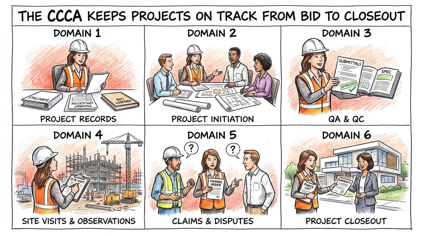 CCCA exam domains illustrated across six panels from project records to project closeout.