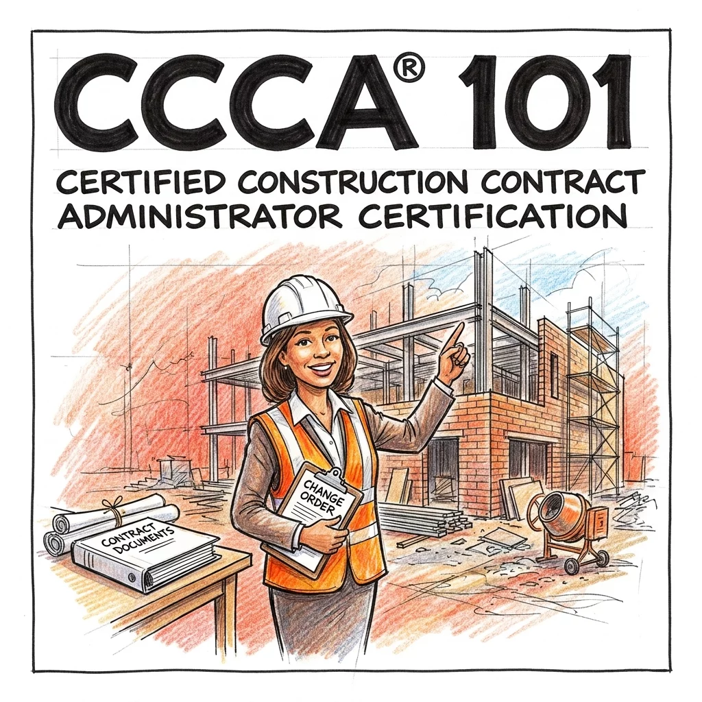 CCCA 101 course card showing a contract administrator on a construction site with documents.
