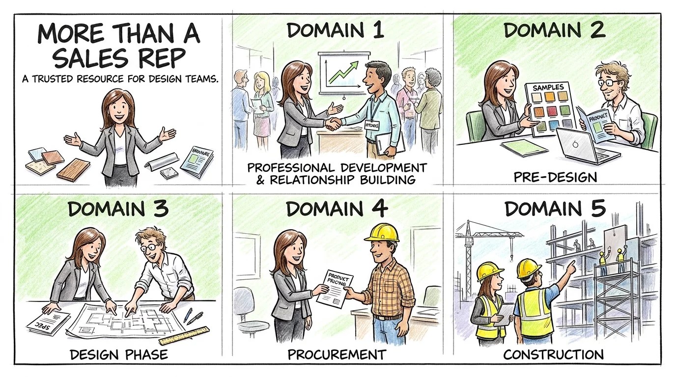 CCPR exam domains illustrated across five panels from professional development to construction.