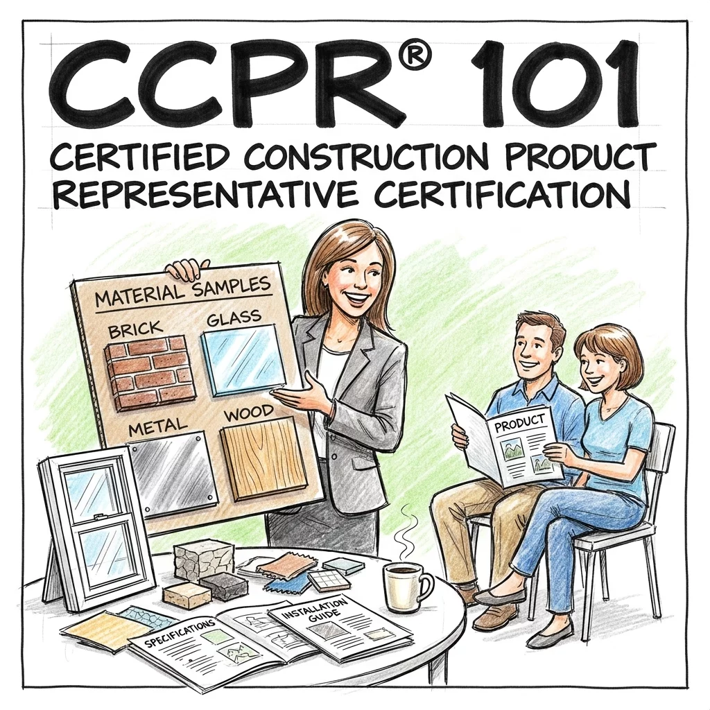 CCPR 101 course card showing a product rep presenting material samples to clients.